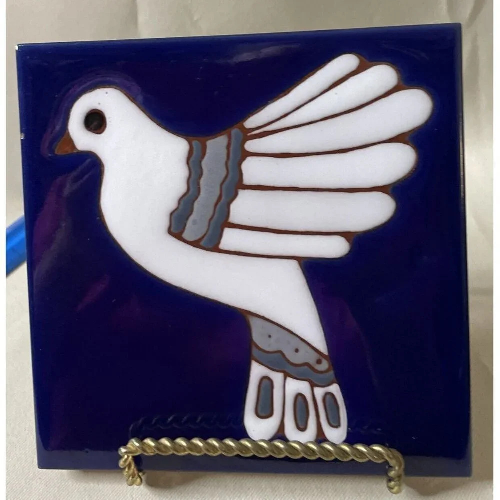 White Dove Bird Red Clay Blue Tile Trivet Made In Italy 6 Inch